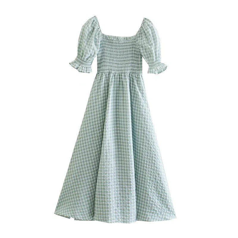 Puff Sleeves Loose Fashion Versatile Flowy plaid dress