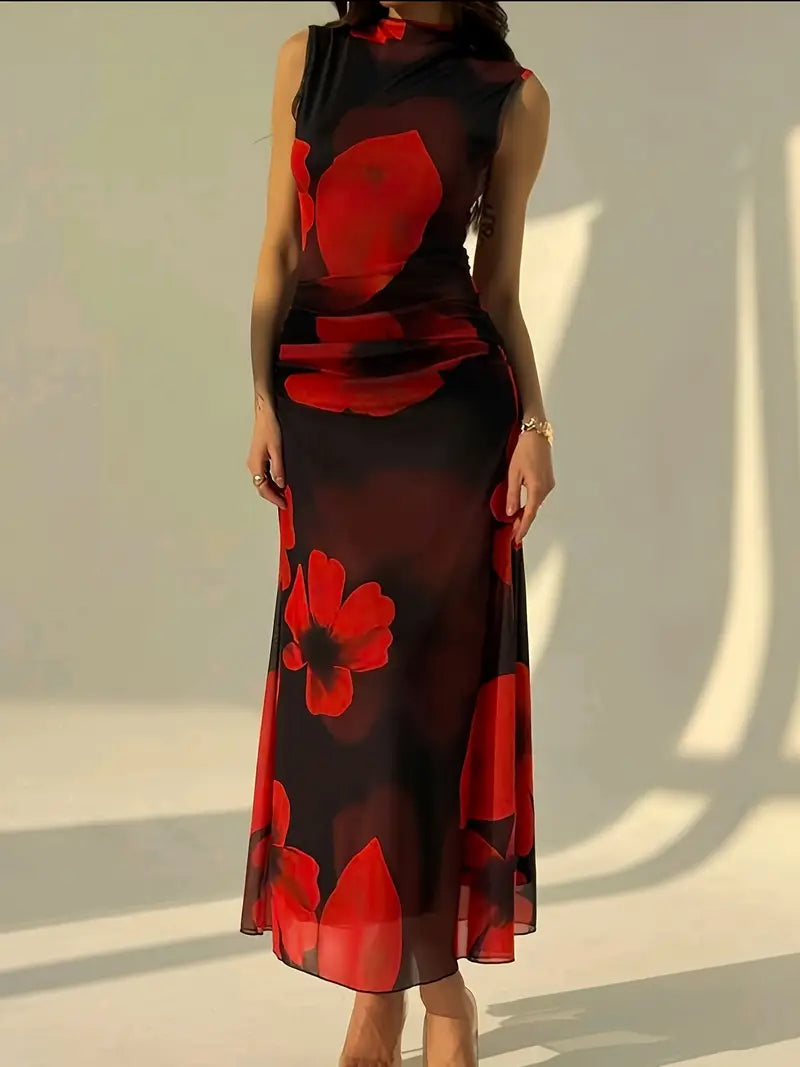 Elegant Chiffon Maxi Dress with Floral Motif