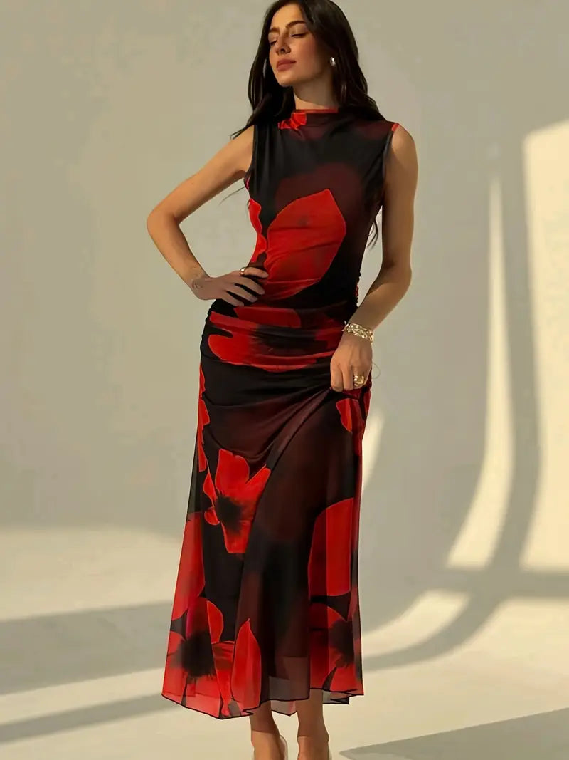 Elegant Chiffon Maxi Dress with Floral Motif