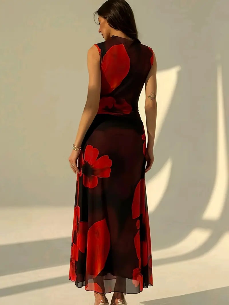 Elegant Chiffon Maxi Dress with Floral Motif