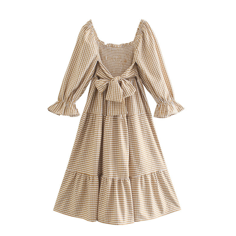 Female Leisure Khaki Plaid Elastic Flowy Dress