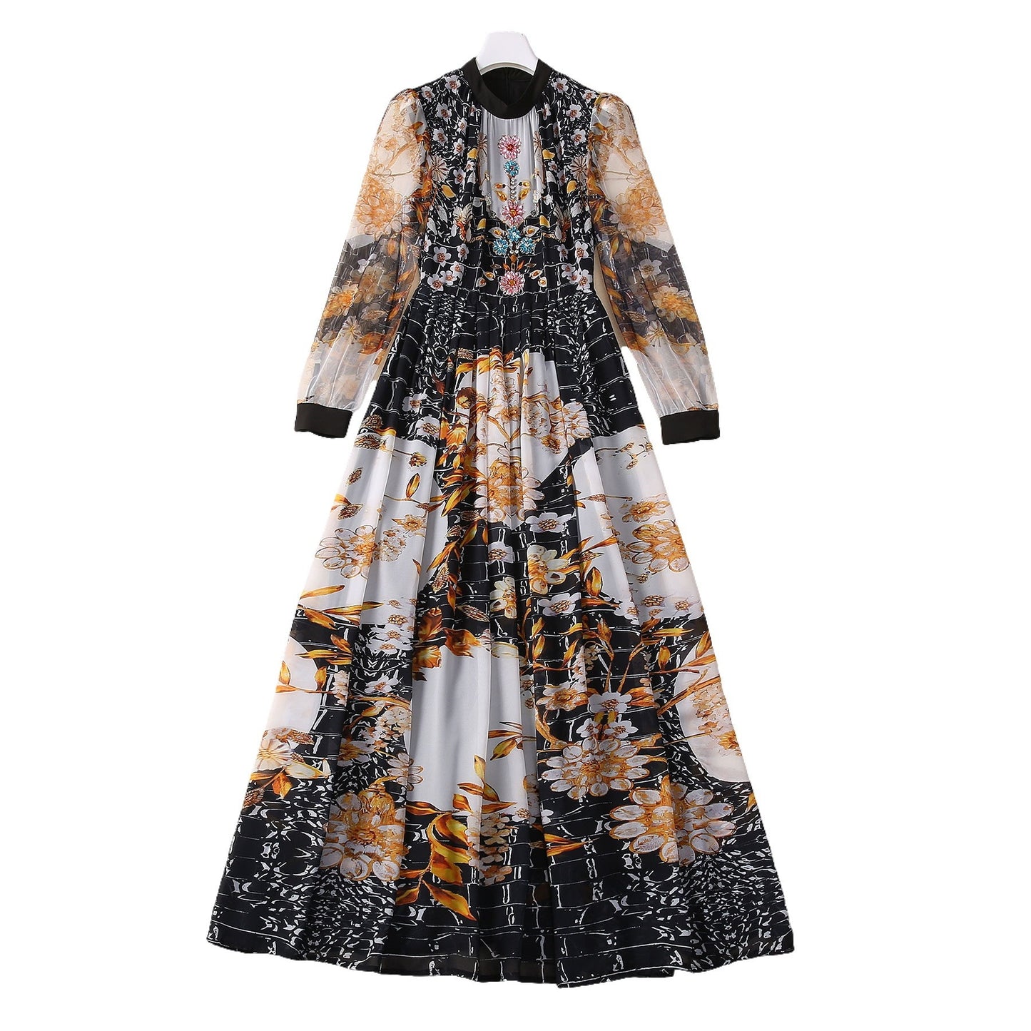 Long Sleeve Chest Beaded Flowy Dress - flower themed