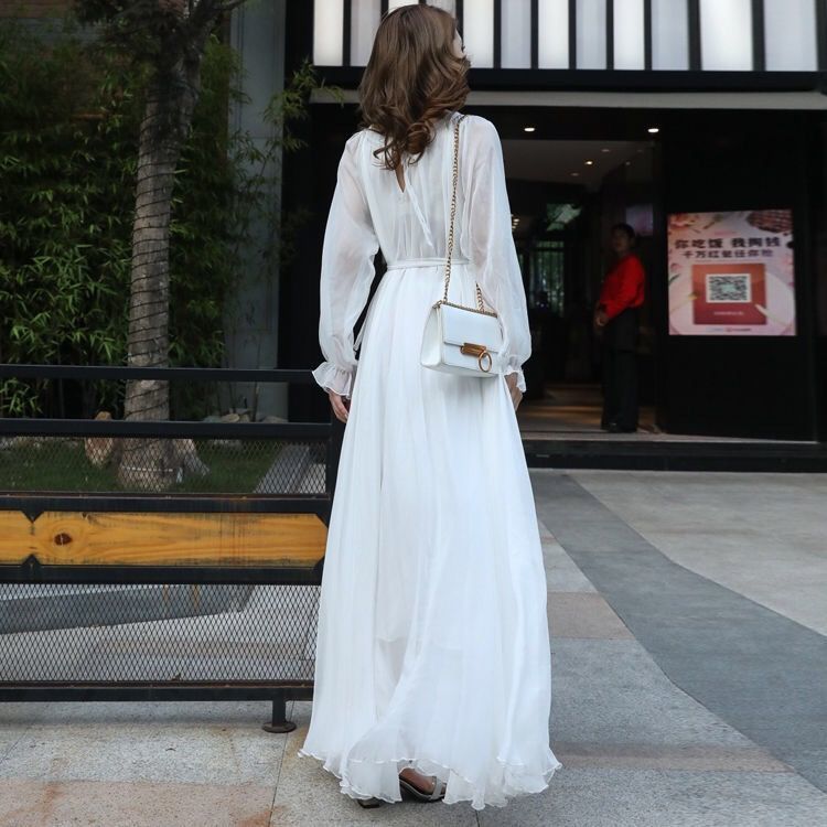 Long Fairy Flowy Long Sleeve Chiffon Beach Dress
