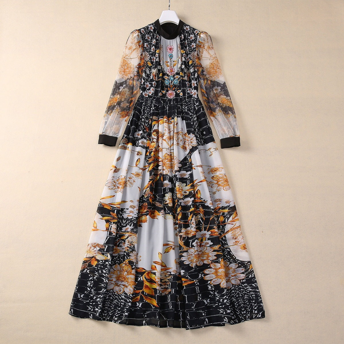 Long Sleeve Chest Beaded Flowy Dress - flower themed