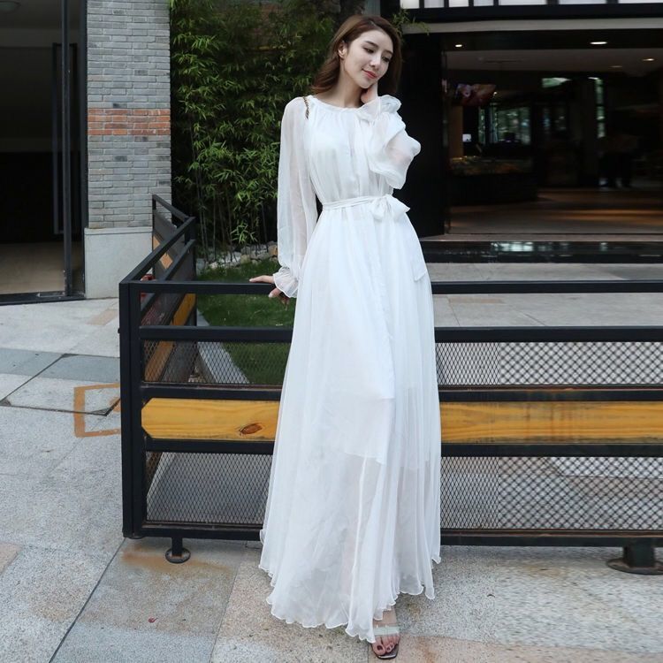 Long Fairy Flowy Long Sleeve Chiffon Beach Dress