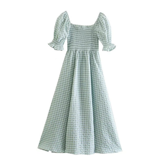 Puff Sleeves Loose Fashion Versatile Flowy plaid dress