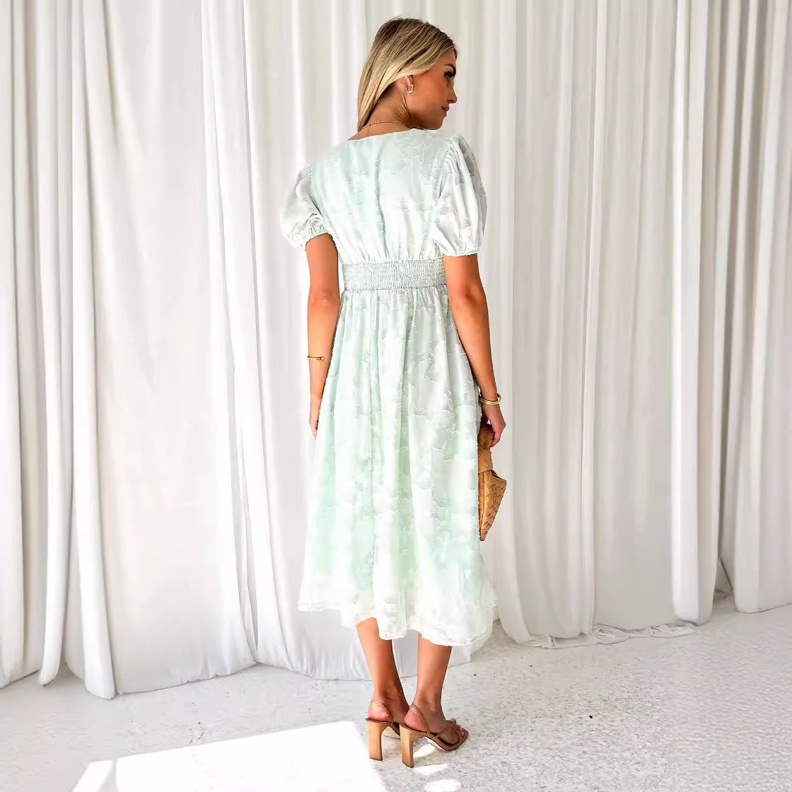 Floral Lace Short Sleeve High Waist A- Line Flowy Dress