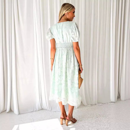 Flowy Short-Sleeve Floral Lace A-Line Dress
