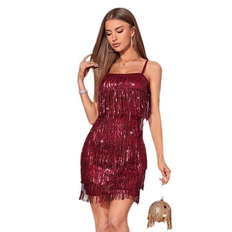 Sequined strappy  Suspender Tassel Cocktail Dress