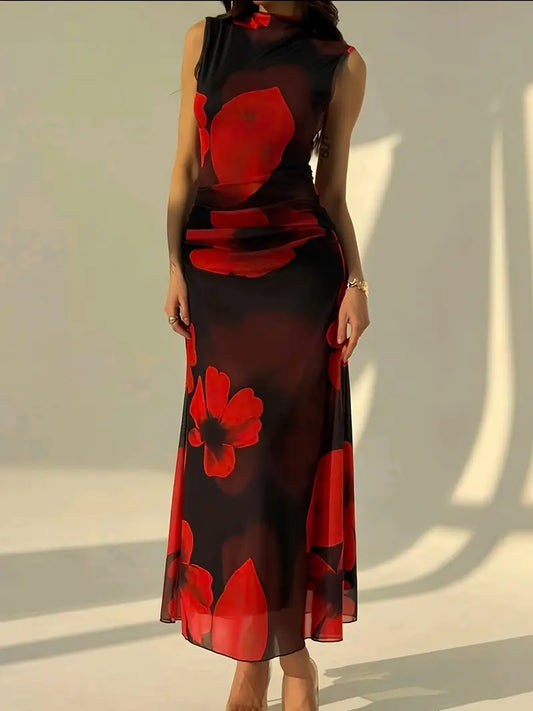 Elegant Chiffon Maxi Dress with Floral Motif