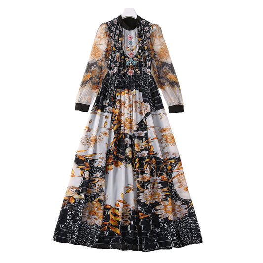Long Sleeve Chest Beaded Flowy Dress - flower themed